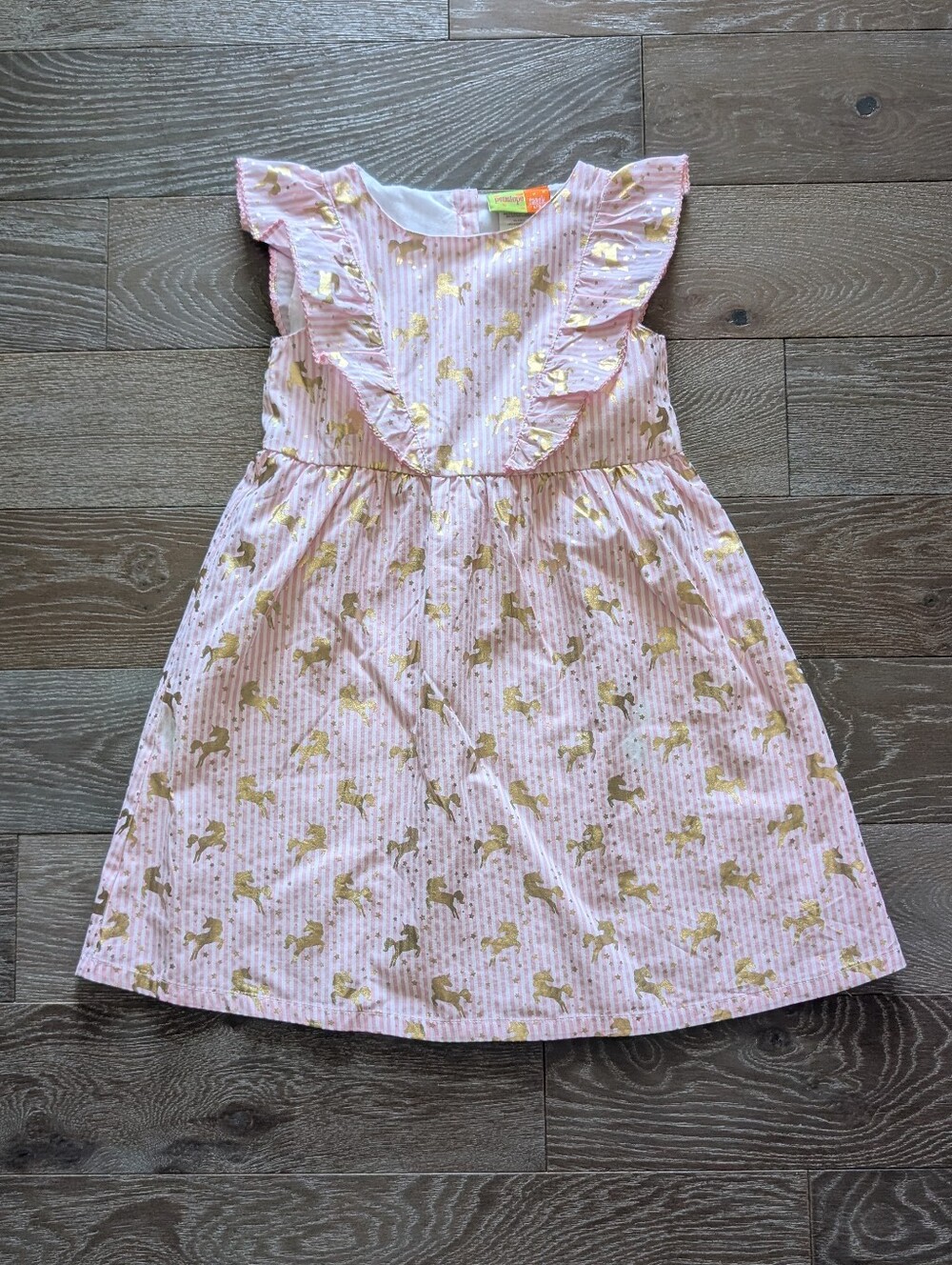 3/$15 - Penelope Mack Girls Pink Stripe Gold Unicorn Ruffle Dress Size 6X